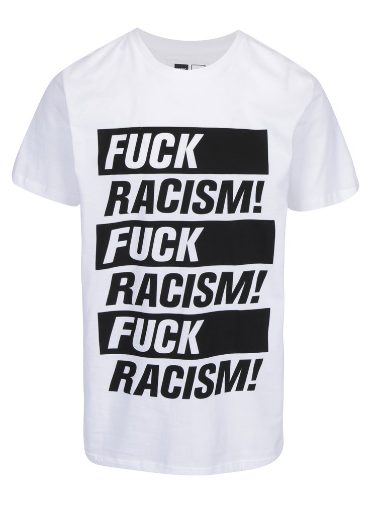 Imagine Tricou alb cu print mesaj Dedicated Stockholm Fuck Racism