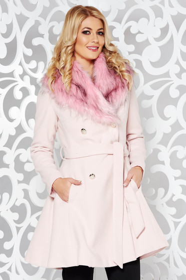 Imagine Palton LaDonna rosa elegant din lana cu insertii de blana ecologica detasabile