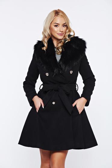 Imagine Palton LaDonna negru elegant din lana cu insertii de blana ecologica detasabile