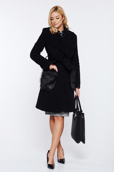 Imagine Palton LaDonna negru elegant din lana cu insertii de blana ecologica nedetasabile