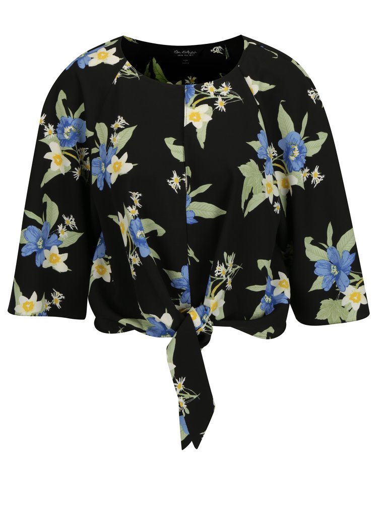 Imagine Bluza crop neagra cu print floral si maneci 3/4 Miss Selfridge