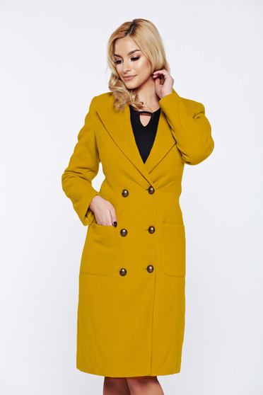 Imagine Palton LaDonna galben casual din lana cu buzunare captusit pe interior