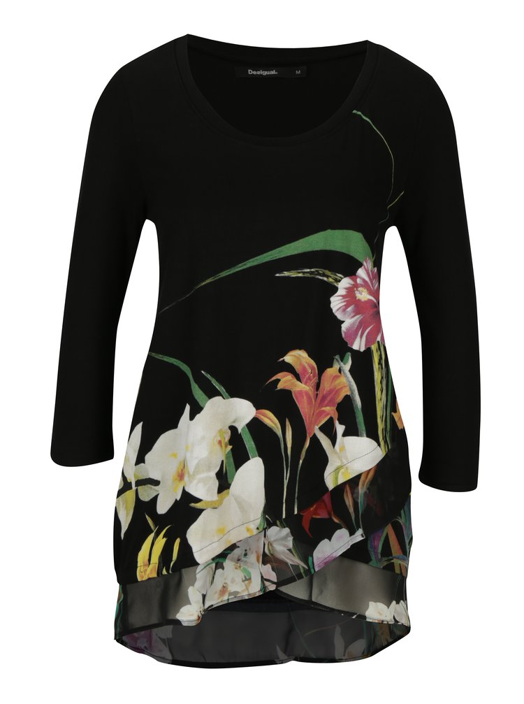 Imagine Bluza neagra cu print floral si terminatie suprapusa Desigual Courtney