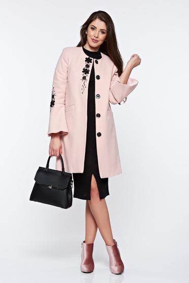 Imagine Palton LaDonna rosa elegant drept brodat din lana