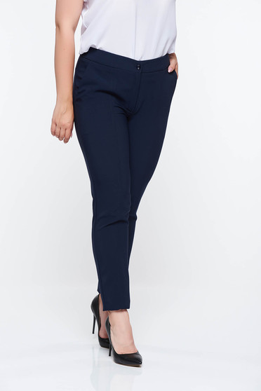 Imagine Pantaloni LaDonna albastri-inchis office conici cu talie medie din material usor elastic