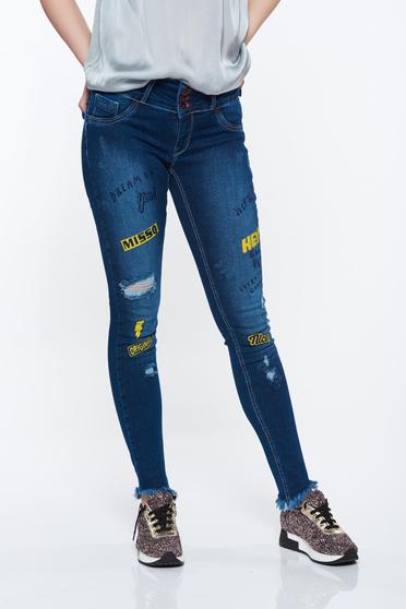 Imagine Blugi skinny MissQ albastri-inchis casual cu talie medie din bumbac elastic cu print