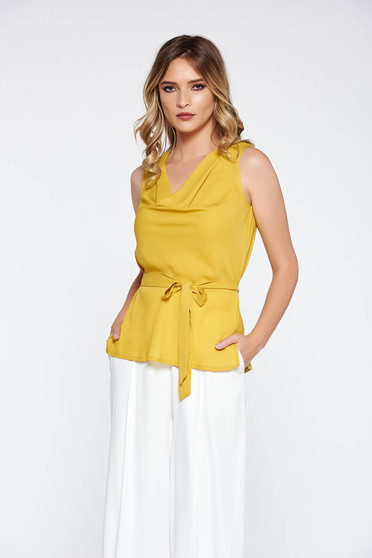 Imagine Bluza dama galbena eleganta cu croi larg din material vaporos accesorizata cu cordon