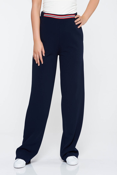 Imagine Pantaloni StarShinerS albastru-inchis casual evazati cu talie medie din material elastic cu buzunare