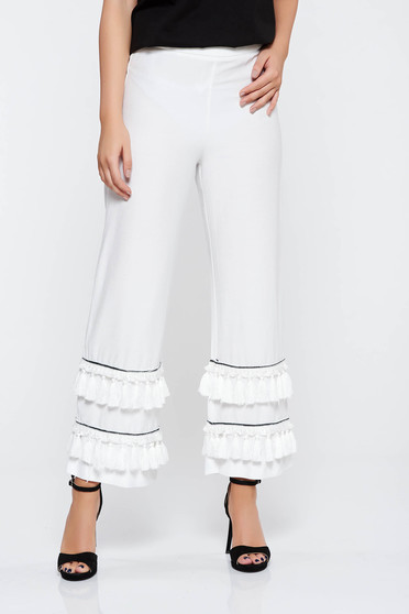 Imagine Pantaloni albi eleganti cu talie inalta din material neelastic cu ciucuri