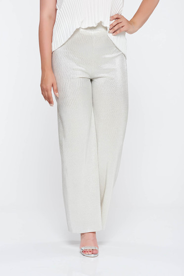 Imagine Pantaloni argintii eleganti evazati din material lucios cu elastic in talie