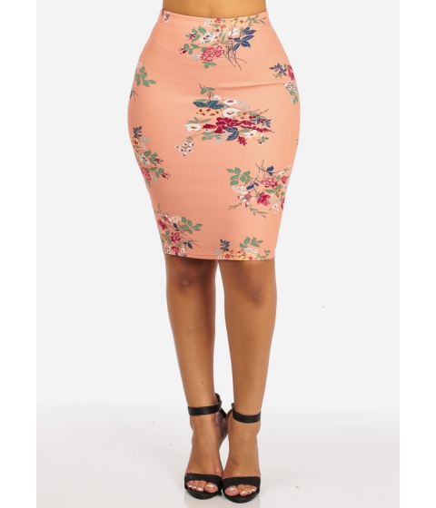 Imagine Cheap&Chic PLUS SIZE High Waisted Slim Fit Stretchy Floral Print Mauve Casual Pencil Skirt