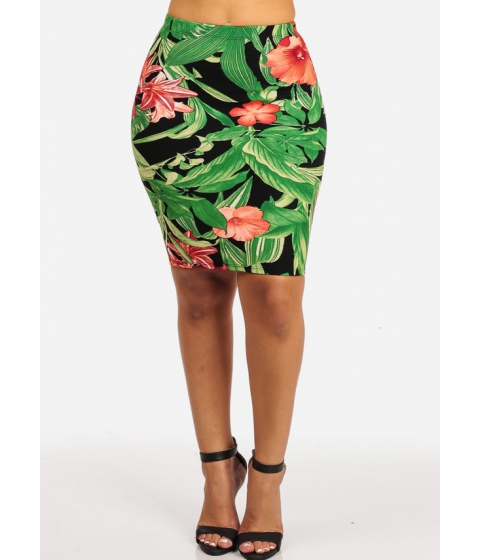 Imagine Cheap&Chic High Waisted Slim Fit Stretchy Floral Print Rib Green Casual Skirt