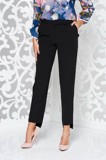 Imagine Pantaloni StarShinerS negri office conici din stofa subtire usor elastica cu talie medie si cu buzunare