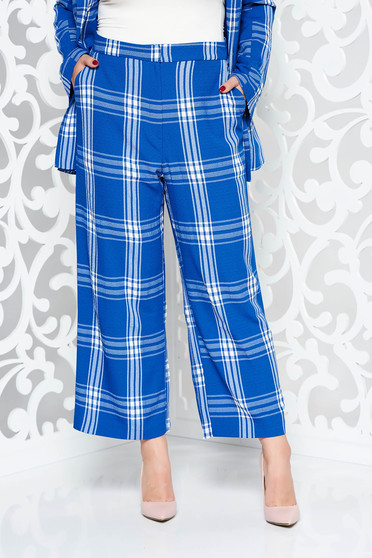 Imagine Pantaloni StarShinerS albastri office cu un croi drept si talie inalta din material neelastic in carouri cu buzunare