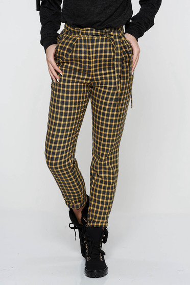 Imagine Pantaloni StarShinerS mustarii casual conici cu talie inalta din stofa neelastica cu buzunare accesorizati cu cordon