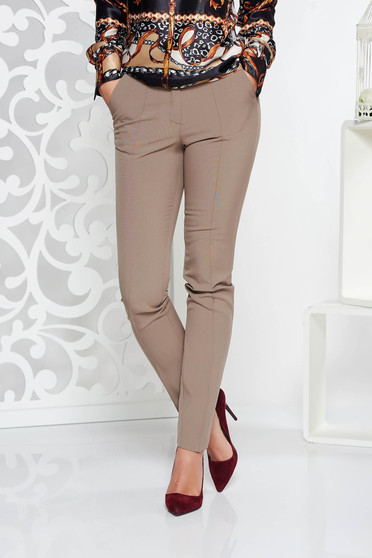 Imagine Pantaloni StarShinerS crem office conici cu talie medie din stofa usor elastica cu buzunare