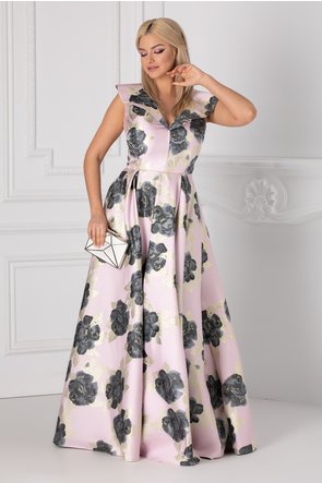 Imagine Rochie Luxury roz prafuit lunga cu imprimeu floral si detalii aurii