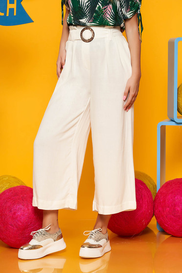 Imagine Pantaloni SunShine ivoire casual din in cu un croi drept si talie inalta si cordon detasabil