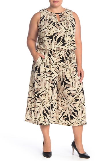 Imagine London Times Natural Palm Tied Waist Midi Dress Plus Size