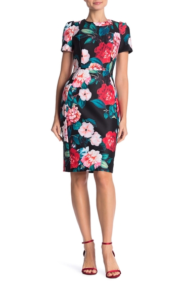 Imagine Modern American Designer Short Sleeve Floral Print Scuba Midi Dress