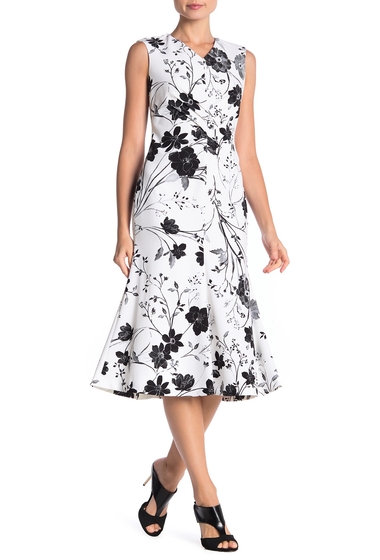 Imagine Modern American Designer Floral Print Pintuck Pleat Flared Hem Dress