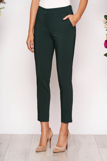Imagine Pantaloni verde inchis lungi eleganti cu talie medie conici din stofa subtire cu buzunare