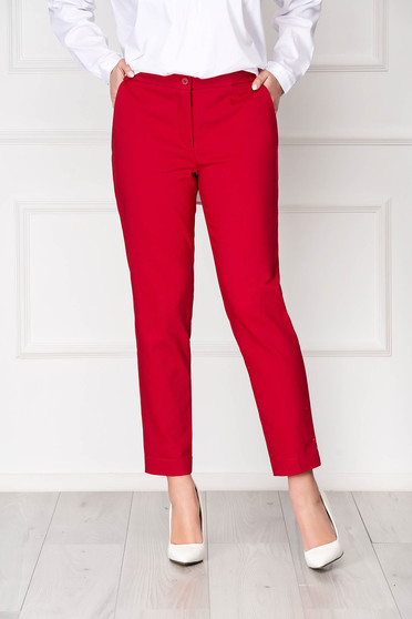 Imagine Pantaloni rosii lungi eleganti cu talie medie conici din stofa subtire cu buzunare