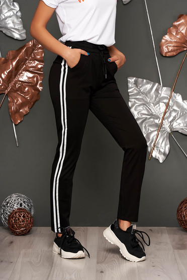 Imagine Pantaloni SunShine negri conici casual cu talie medie cu elastic in talie cu snur in talie cu buzunare