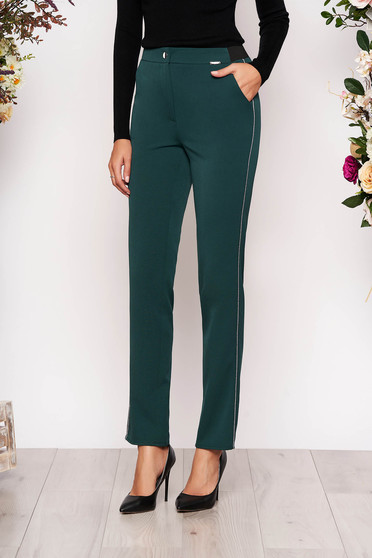 Imagine Pantaloni verde inchis conici eleganti din stofa cu elastic in talie cu buzunare si aplicatii metalice
