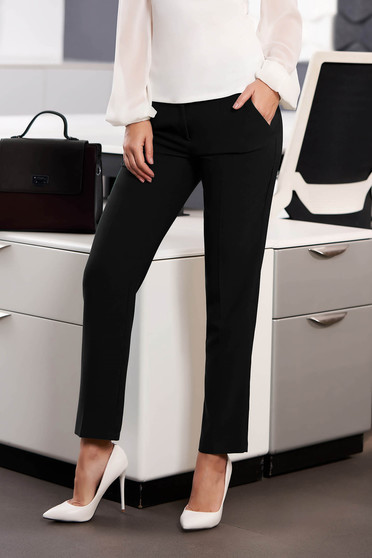 Imagine Pantaloni StarShinerS negri office cu un croi drept din stofa usor elastica cu talie medie si buzunare