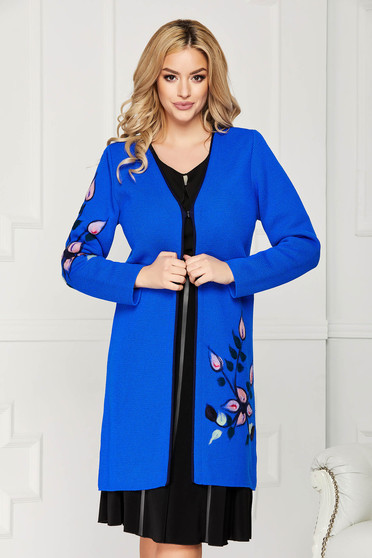 Imagine Cardigan albastru elegant din lana cu un croi drept cu maneci lungi
