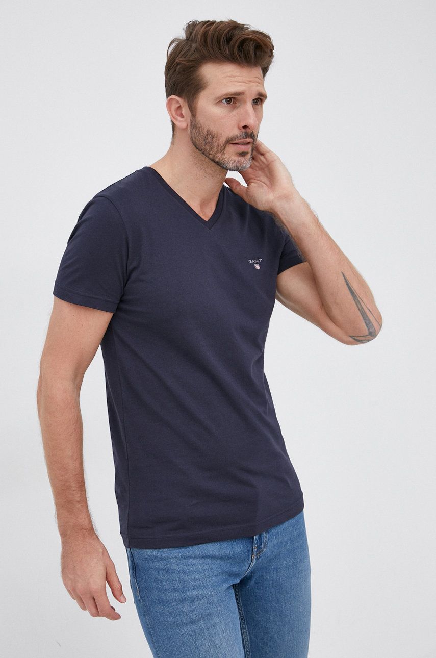 Imagine Gant tricou din bumbac culoarea albastru marin, neted