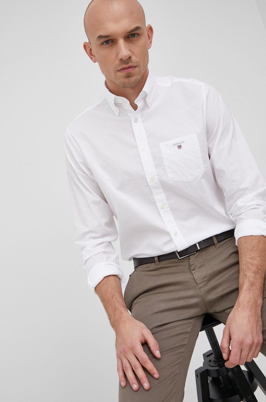 Imagine Gant camasa barbati, culoarea alb, cu guler button-down, regular