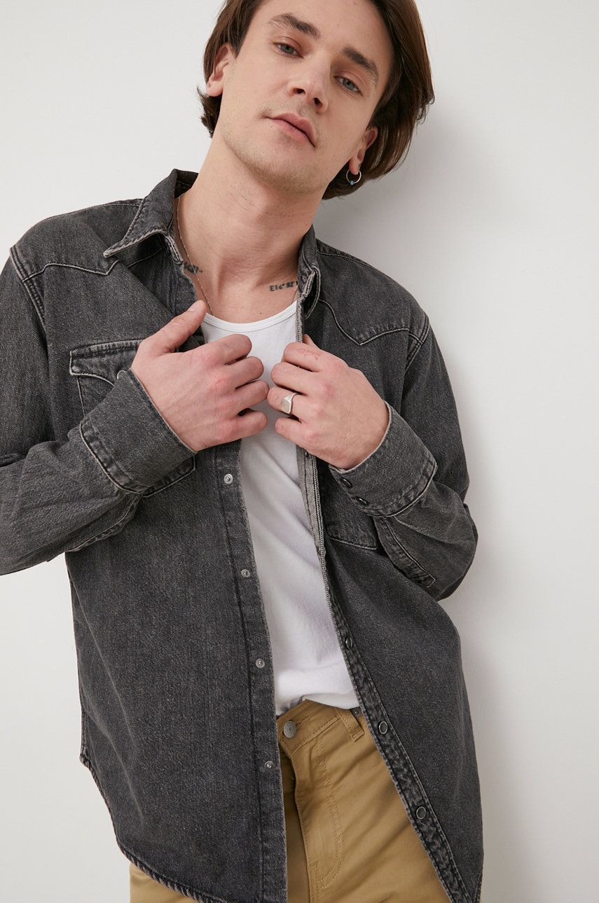 Imagine Levi's camasa jeans barbati, culoarea gri, cu guler clasic, regular