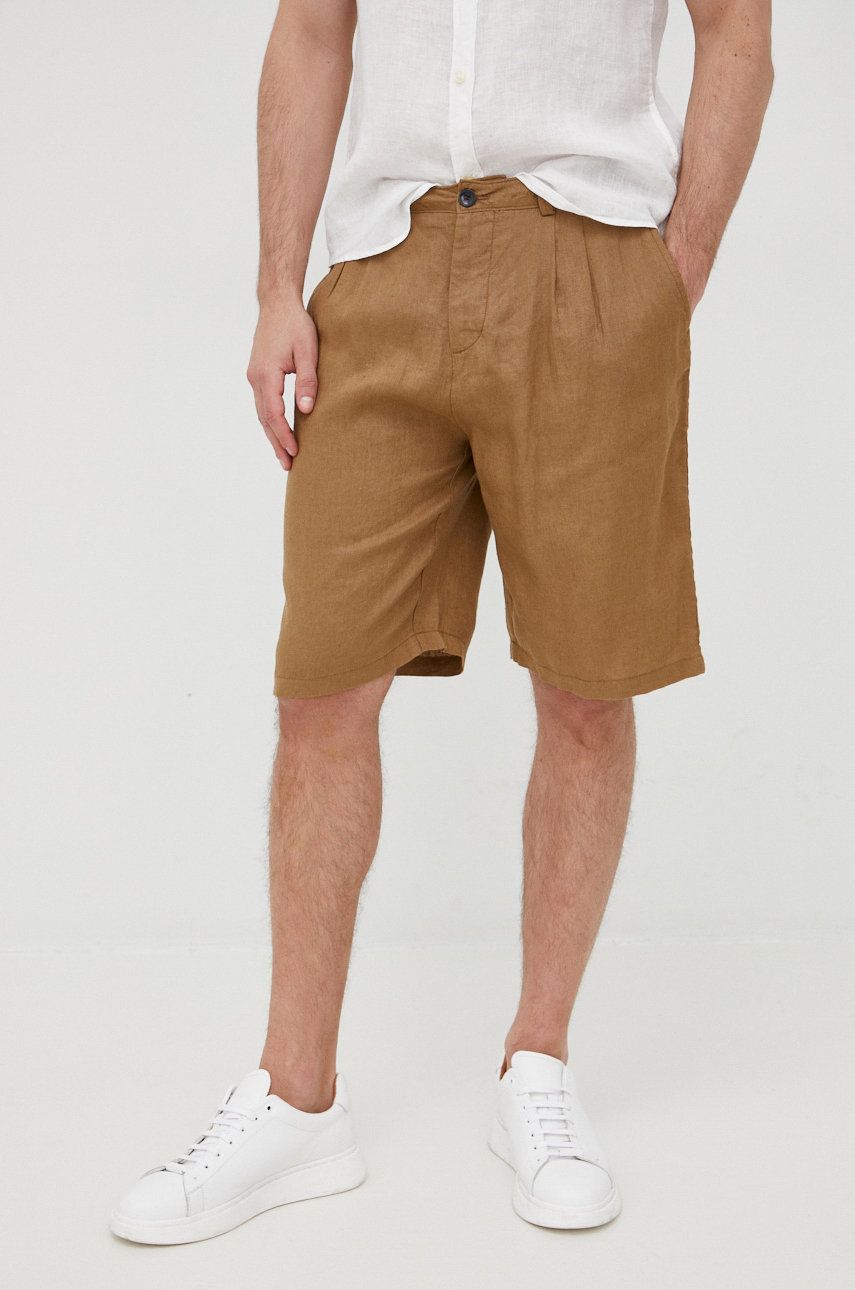 Imagine Sisley pantaloni scurti din in barbati, culoarea maro