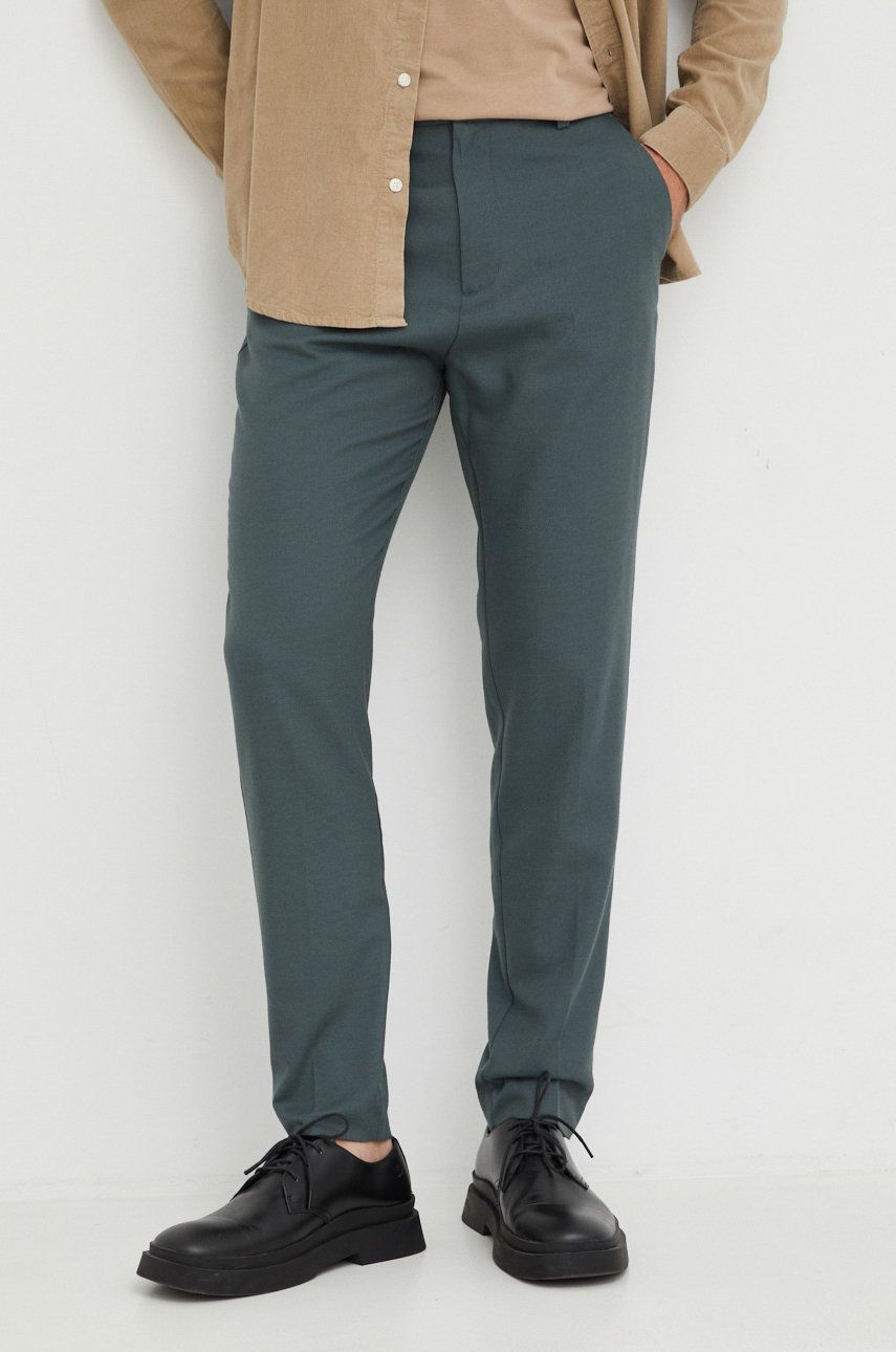 Imagine Samsoe Samsoe pantaloni din lana barbati, culoarea verde, mulata