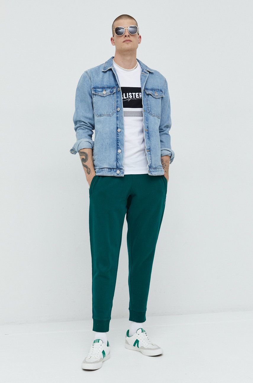 Imagine Superdry pantaloni de trening din bumbac barbati, culoarea verde, neted