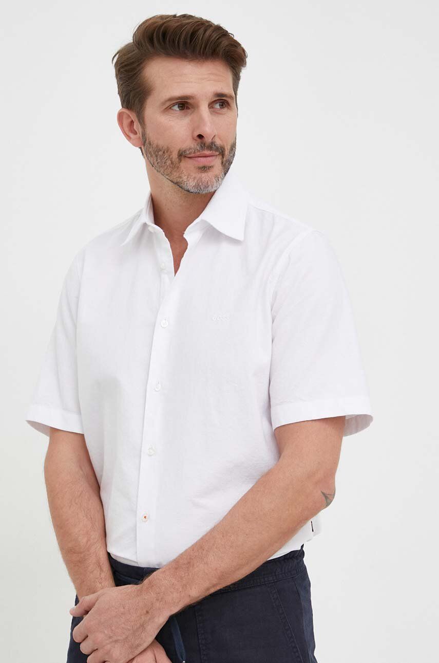 Imagine BOSS cămașă din bumbac ORANGE bărbați, culoarea alb, cu guler clasic, regular 50489351