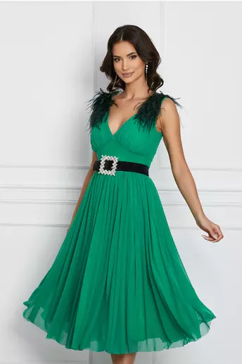 Imagine Rochie Dy Fashion verde cu pene la umeri si curea detasabila in talie