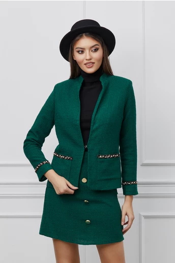 Imagine Sacou Dy Fashion verde din tweed cu aplicatii