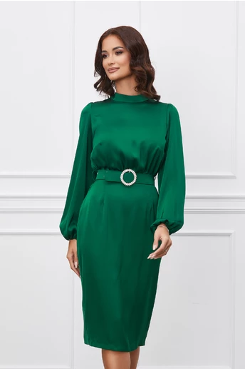 Imagine Rochie Dy Fashion verde din satin cu o curea in talie
