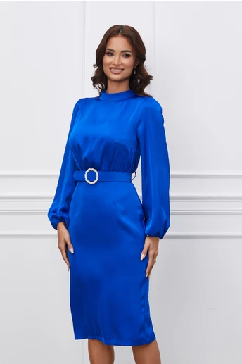 Imagine Rochie Dy Fashion albastra din satin cu o curea in talie