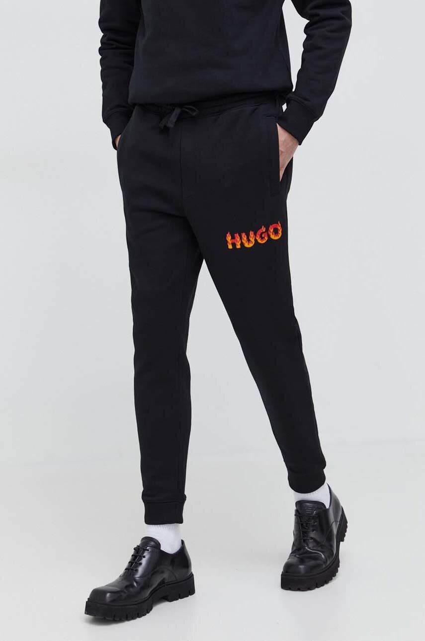 Imagine HUGO pantaloni de trening din bumbac culoarea negru, cu imprimeu 50504788