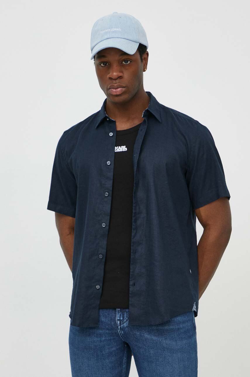 Imagine BOSS cămașă de in culoarea bleumarin, cu guler clasic, regular 50515156