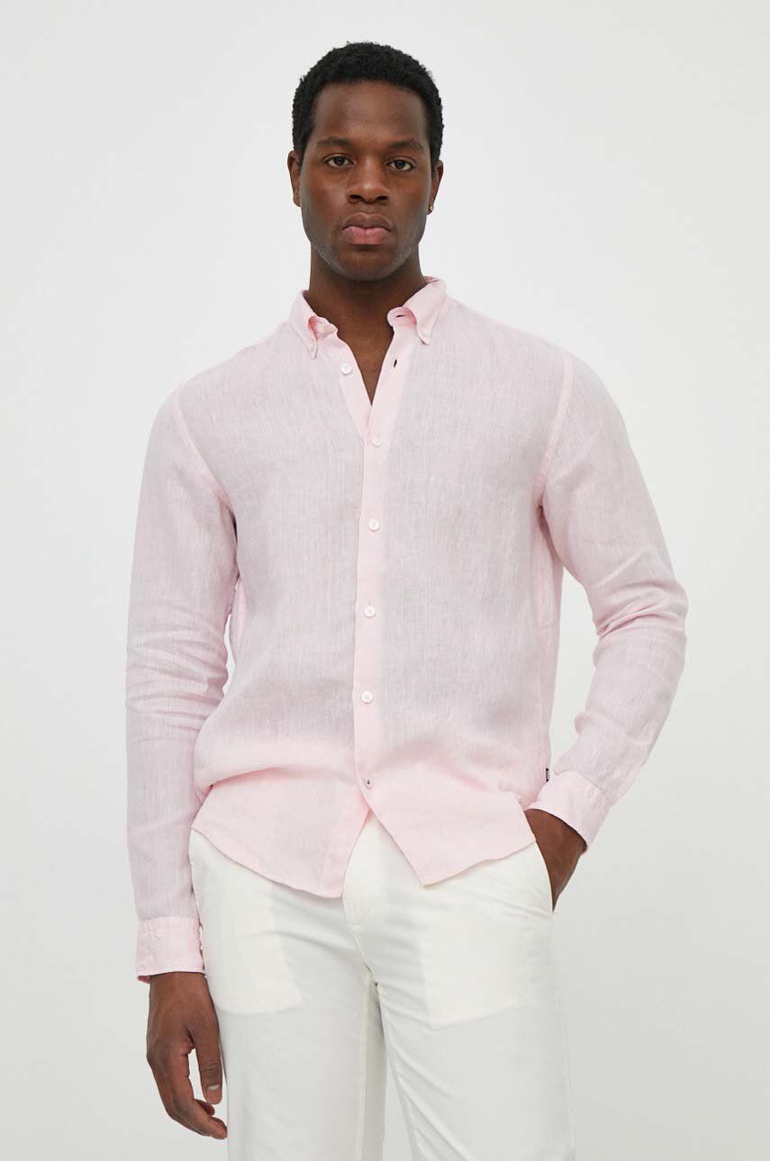 Imagine BOSS cămașă de in culoarea roz, cu guler button-down, regular 50513849