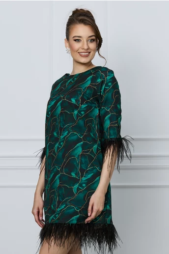 Imagine Rochie DY Fashion verde cu imprimeuri bej si pene