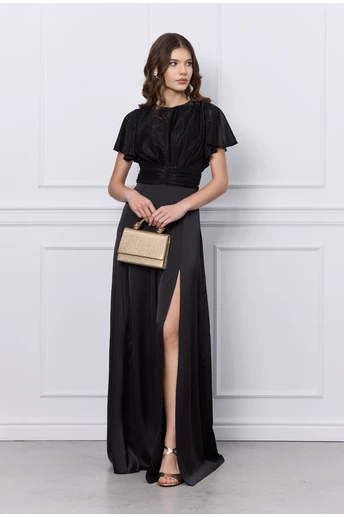 Imagine Rochie DY Fashion neagra lunga cu bust din fir lurex si crepeu maxi