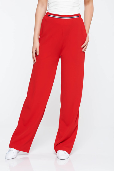Imagine Pantaloni StarShinerS rosii casual evazati cu talie medie din material elastic cu buzunare