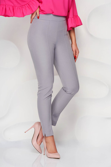Imagine Pantaloni StarShinerS gri office conici din material usor elastic cu talie inalta
