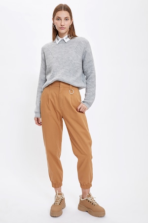 Imagine DeFacto, Pantaloni conici cu mansete elastice, Maro caramel, 44